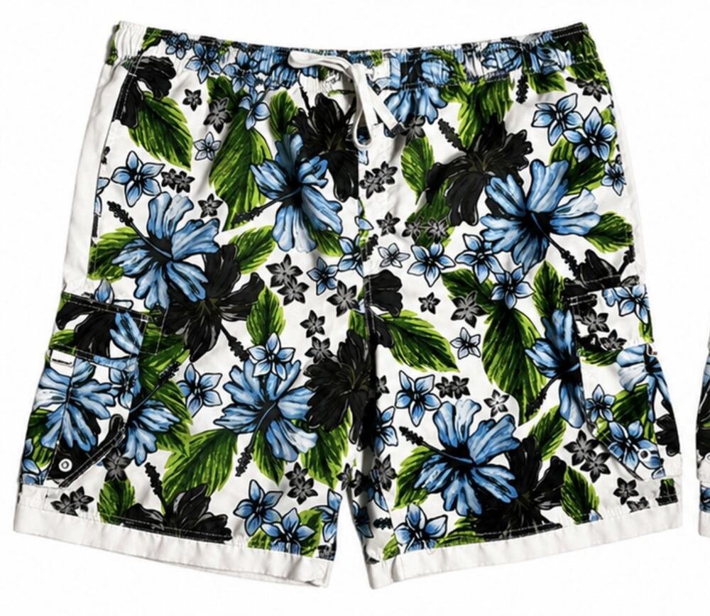 Mossimo Men’s Floral Board Shorts Swim Trunks White Blue Green Cargo XXL